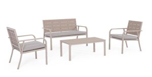 Set Salotto Con Cuscini Sarita Tortora in Acciaio e HDPE Effetto Legno