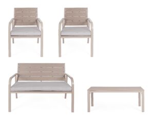 Set Salotto Con Cuscini Sarita Tortora in Acciaio e HDPE Effetto Legno